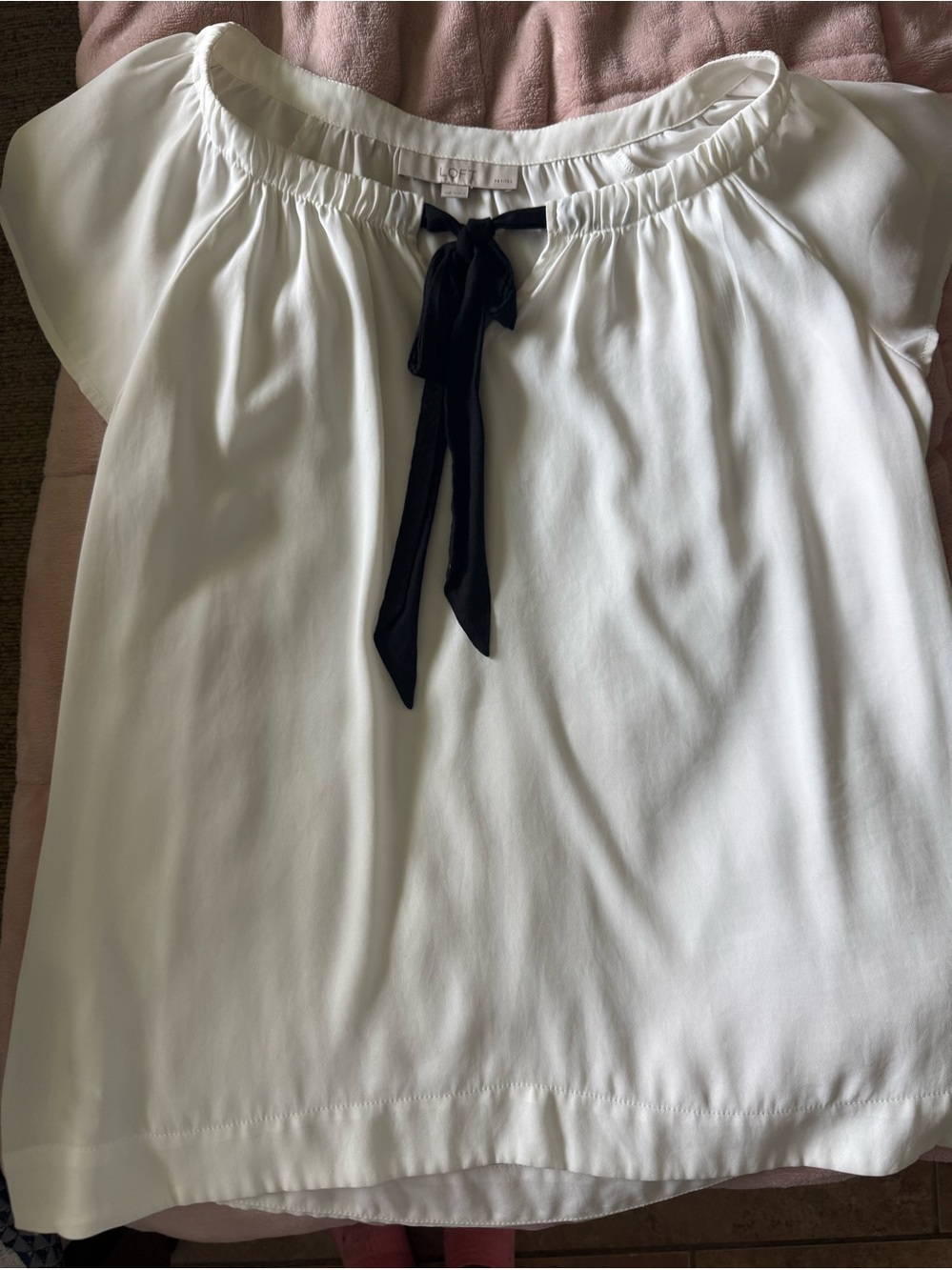 Women’s White Peasant Blouse with Black Tie